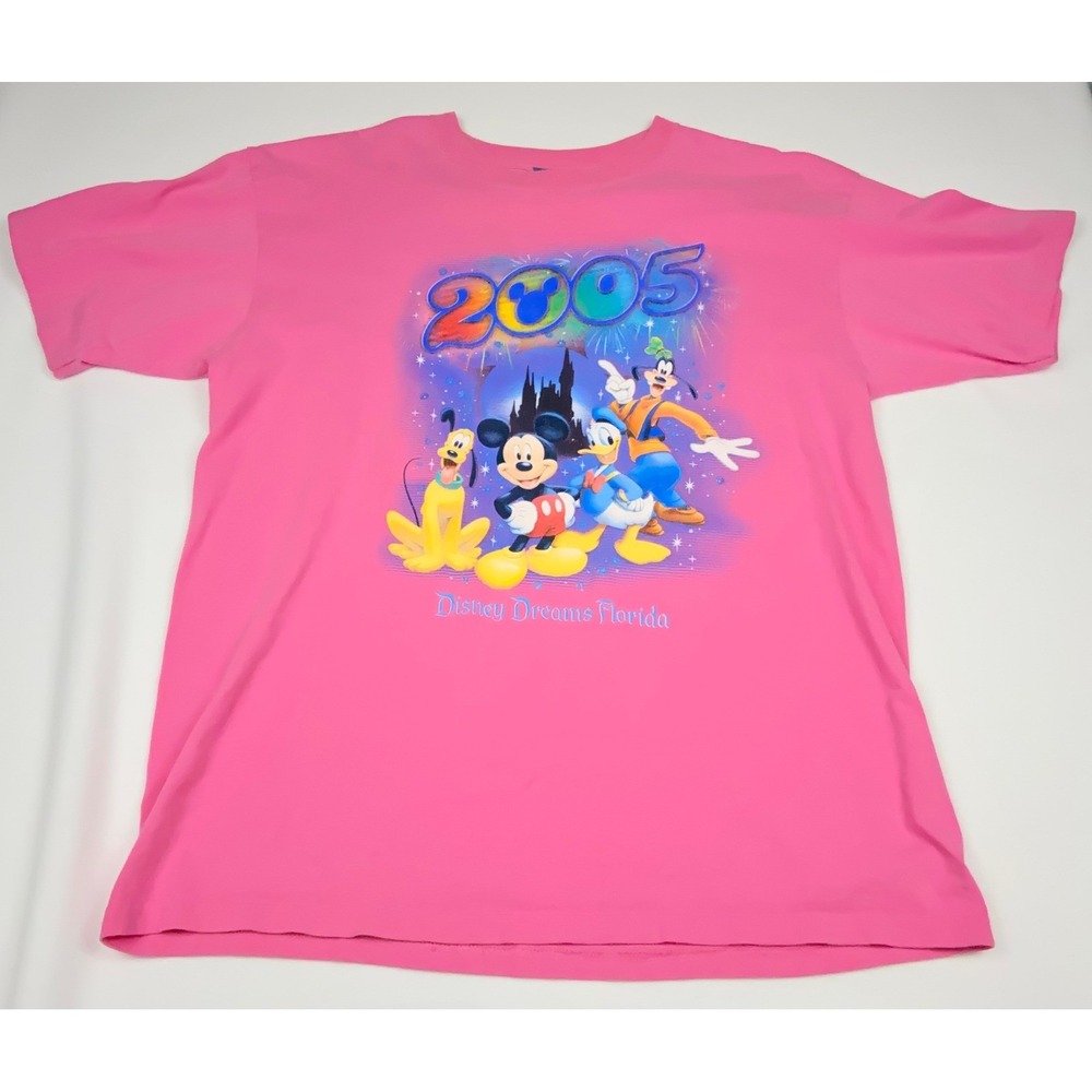 Vintage Disney 2005 Mickey Mouse Donald Goofy Florida Pink Graphic T-Shirt L